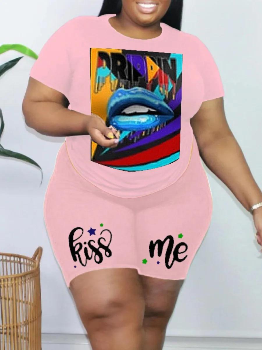 LW Plus Size  Shorts Set Lip Letter Print Female Polyester Casual Regular Short Sleeve O Neck Matching Outfits