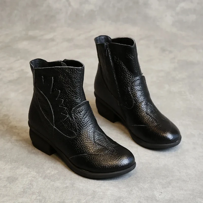 Retro Leather Concise Boots Women's Low Heels Fur Shoes Ladies Fashion Round Head  Red Booti Black Short Boots