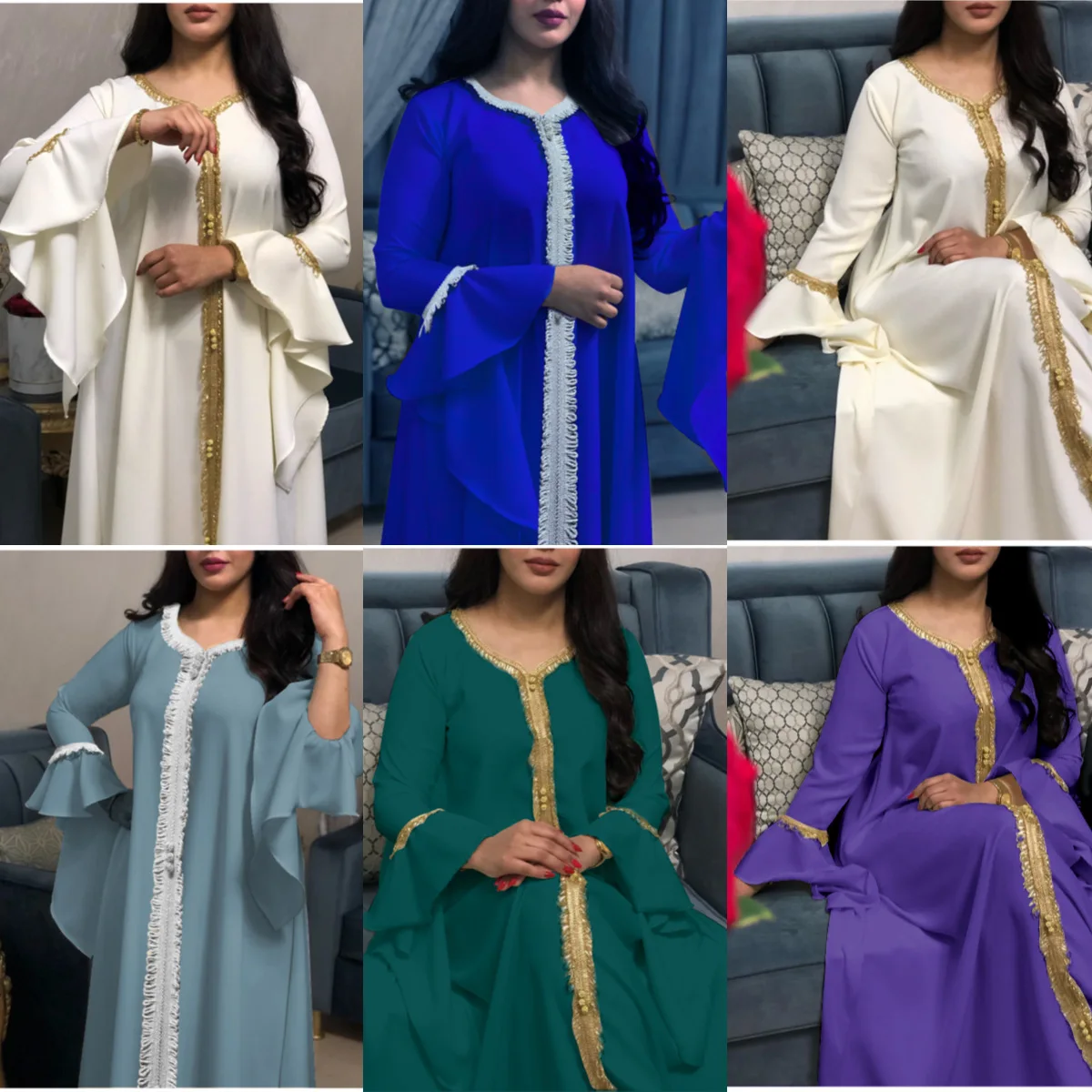 Ramadan Eid Style Abayas For Woman Dubai Fashion Polyester Chiffon Plus Size Long Muslim Dress Appliques Diamonds Robe Femme