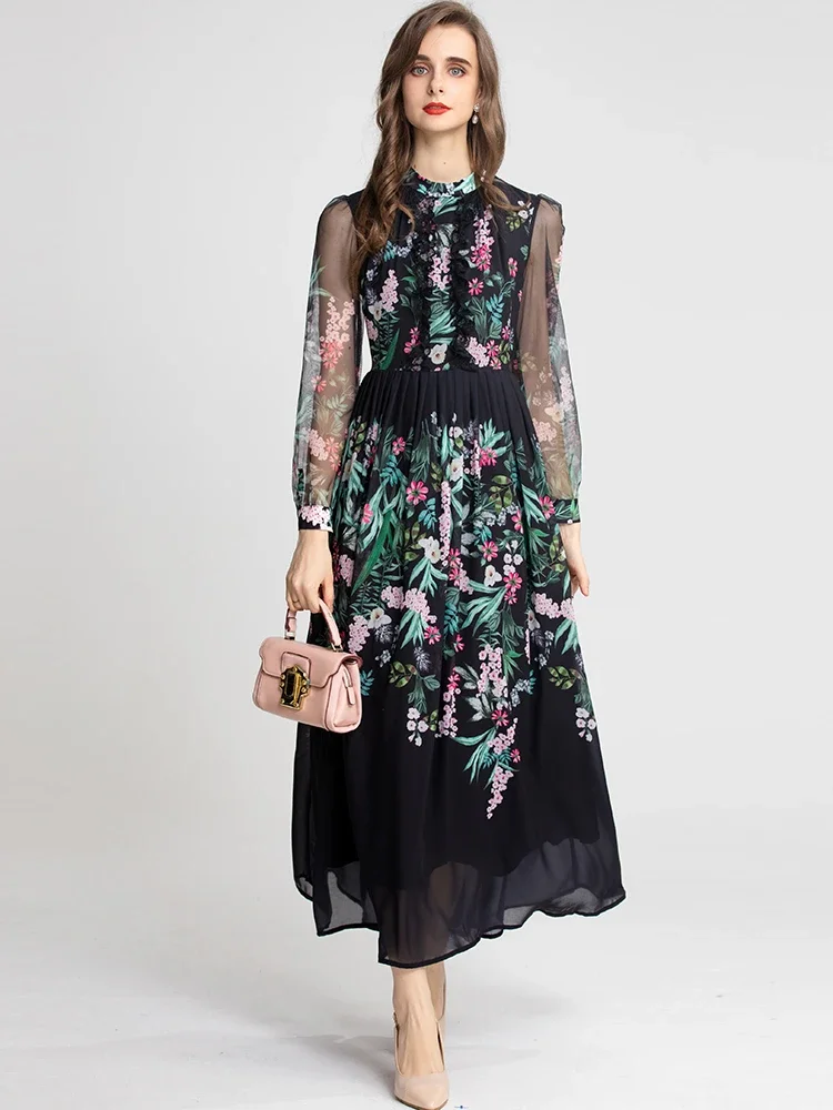 Fashion Designer Summer Women's Mesh Lantern Sleeve Lace Floral Print Balck Vintage Party Ankle Dresses