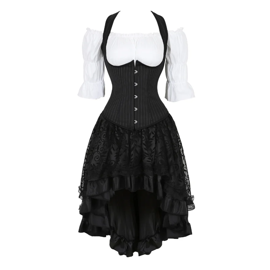 Corset Dress Bustiers Skirt 3 Piece Steampunk Gothic Pirate Lingerie Corsetto Exotic Sexy Costume Burlesque Plus Size