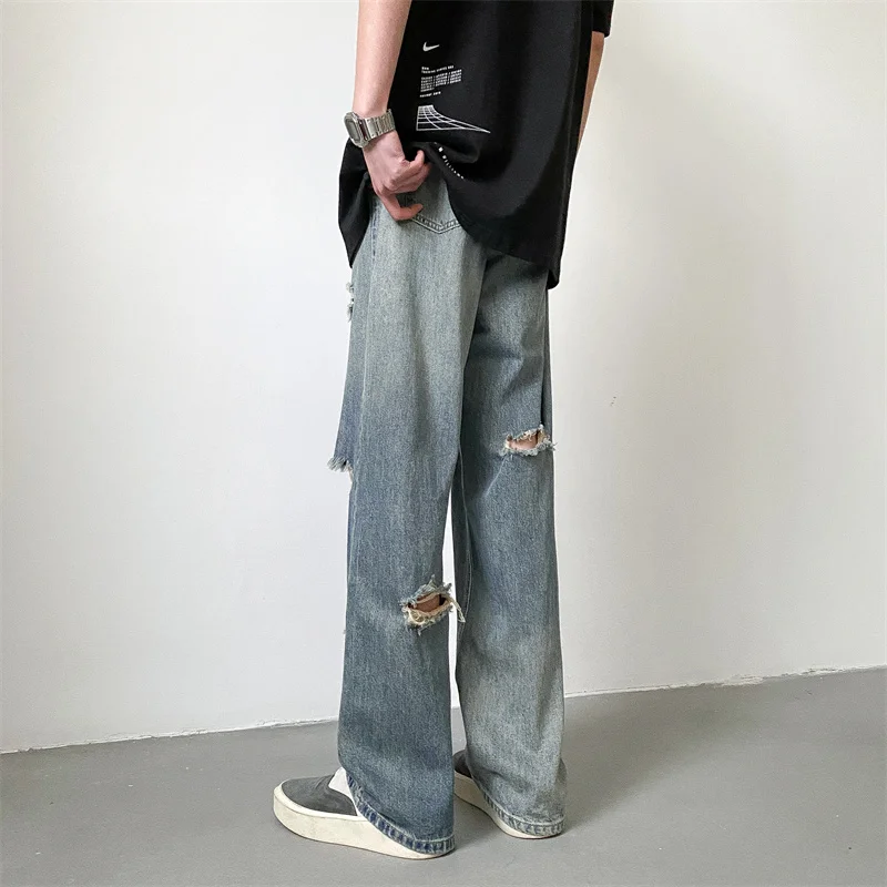 Summer Blue Baggy Jeans Men Fashion Casual Ripped Straight Jeans Men Streetwear Hip Hop Loose HoleDenim Pants Mens Trousers