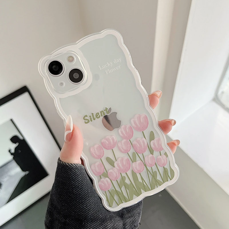 

Cute Doodle Flower Wave Frame Phone Case For iPhone 13 11 12 Pro Max X XR XS Max 13MINI 7 8Plus Cartoon Fashion Clear Soft Cover