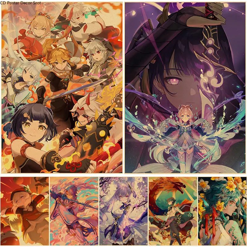 

Retro Genshin Impact Poster Anime Kraft Paper Print Posters Vintage Home Room Cafe Bar Decor Aesthetic Cartoon Art Wall Painting