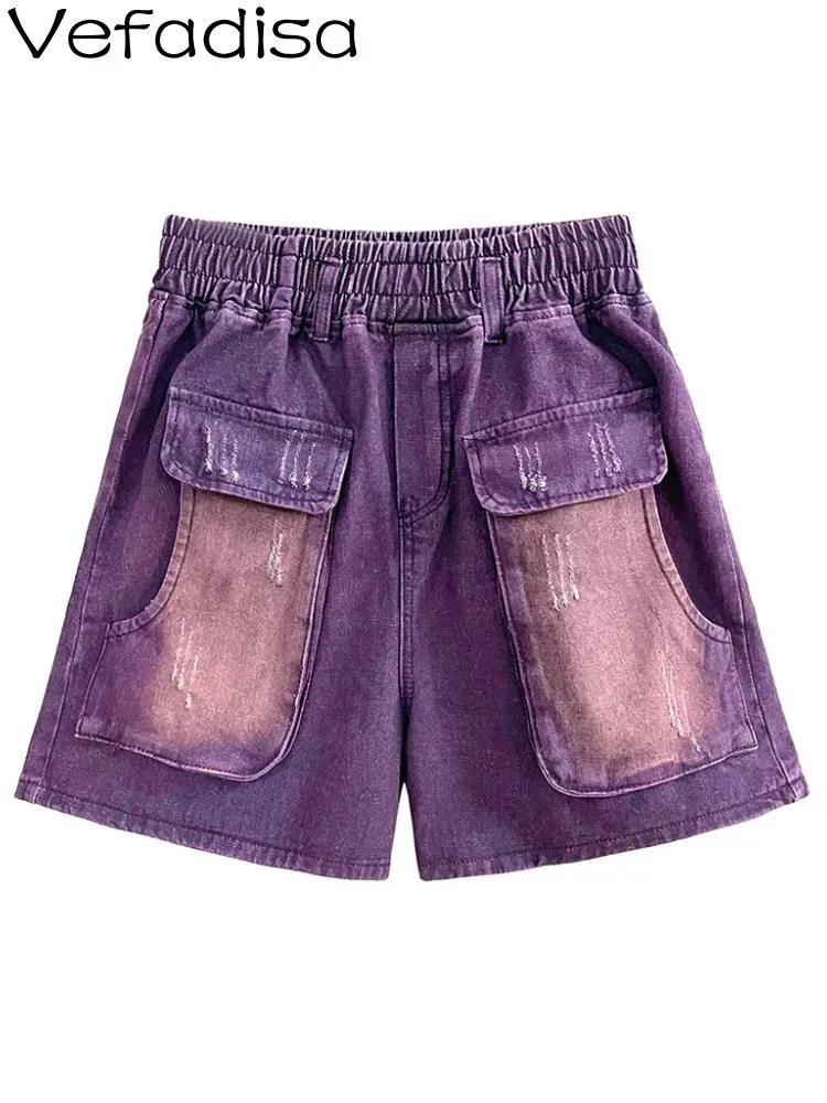 

Vefadisa Purple Washed Worn Denim Jeans Shorts Women 2023 Summer New Loose Three-dimensional Pocket Straight Shorts ZXF089B