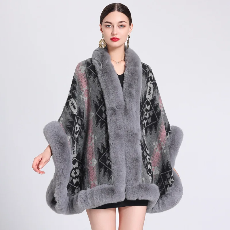 

Свободное пальто оверсайз с воротником из искусственного меха, женская зимняя Толстая бархатная верхняя одежда, накидка с принтом и рукавами летучая мышь