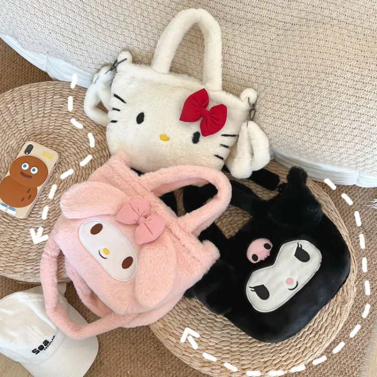 

Kawaii Sanrio Plush Case Hello Kitty My Melody Kuromi Shoulder Bag Korean Version Girls Portable Bento Purse Children's Backpack