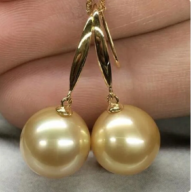 

NEW Perfect round AAAA 10-11mm south sea golden pearl earring 14kP yellow gold