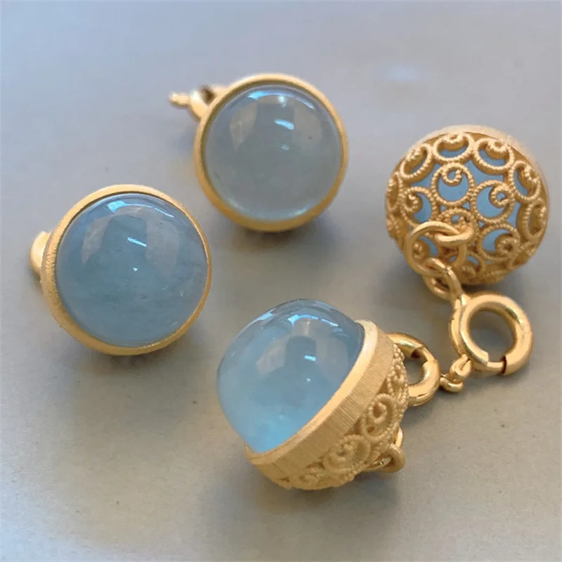 

10PCS S925 Sterling Silver Natural Aquamarine Hollow Small Pendant Handmade natural gemstone accessories For DIY Jewelry Making