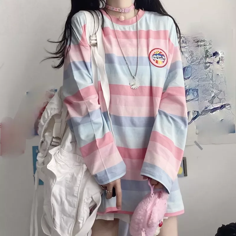 

2022NEW Long Sleeve T Shirt girl Christmas Topspring autumn embroidery stripe Tops Tees Women full Sleeve T-shirt Casual Female