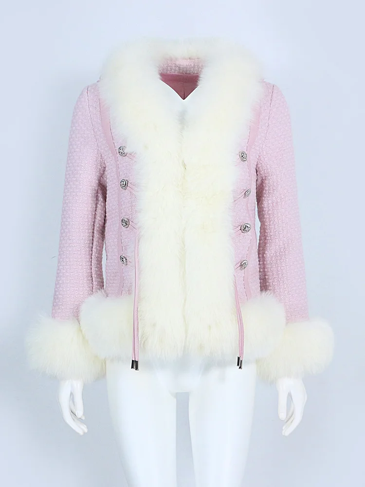 

genuine Luxury brand MENINA BONITA 2023 Real Coat Winter Jacket Women Natural Fox Fur Weave Knit Buttons Blended Casual V-neck T