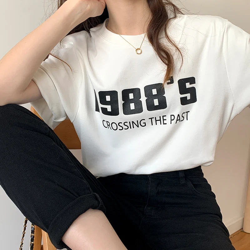 

Printted Letters Round Collar Short Sleeve T-shirt Printing Female Korean Loose Cotton Top Tee