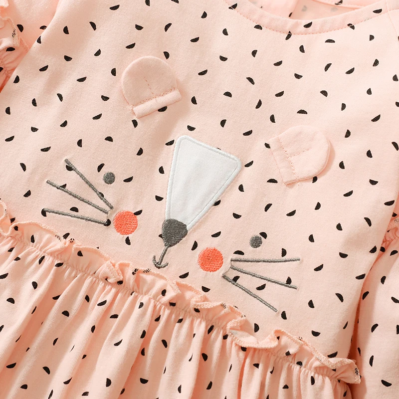 Платье в горошек для девочек с длинным рукавом и аппликацией