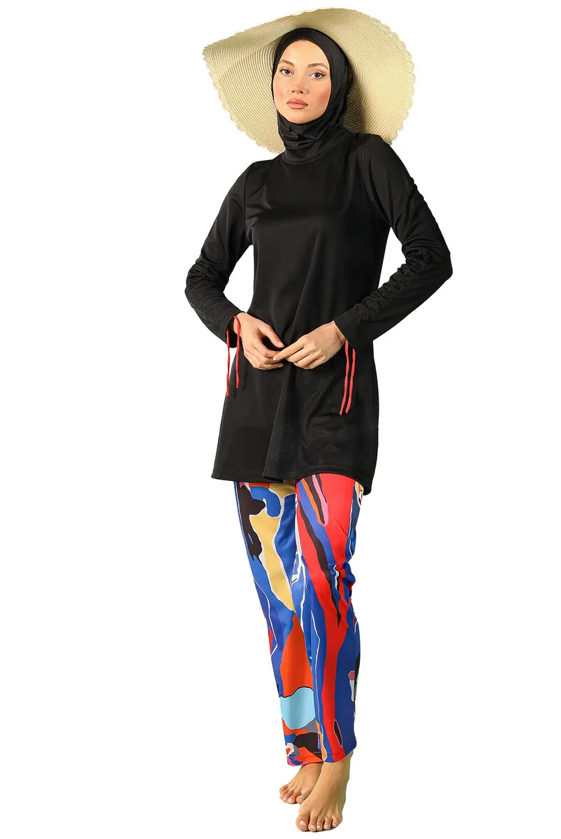 IQRAH Rivamera Full Covered Black Pattern Detailed Hijab Swimwear R1107