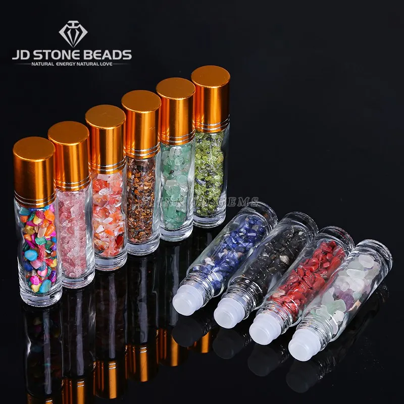 

1Pc Refillable Liquids Glass Essential Oil Perfume Bottles Natural Irrgular Crystal Chips Roller Ball For Reiki Healing