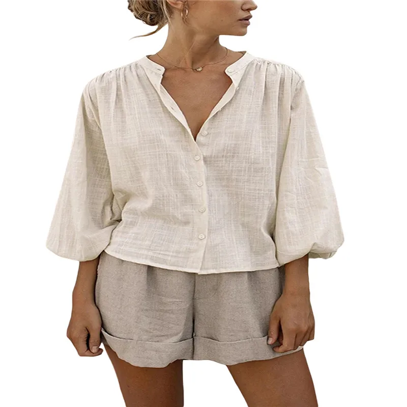 

Women Cotton Linen Casual Shirt Long Lantern Sleeve Round Neck Button Front Solid Color Pullover Tops Garment Female Spring Fall