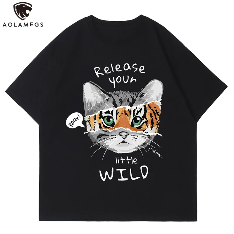 

Aolamegs Men Oversized T-shirts Animal Cute Cat Graphic Print T-shirts Summer Hip Hop Style Tee Tops Cottons Fashion Streetwear