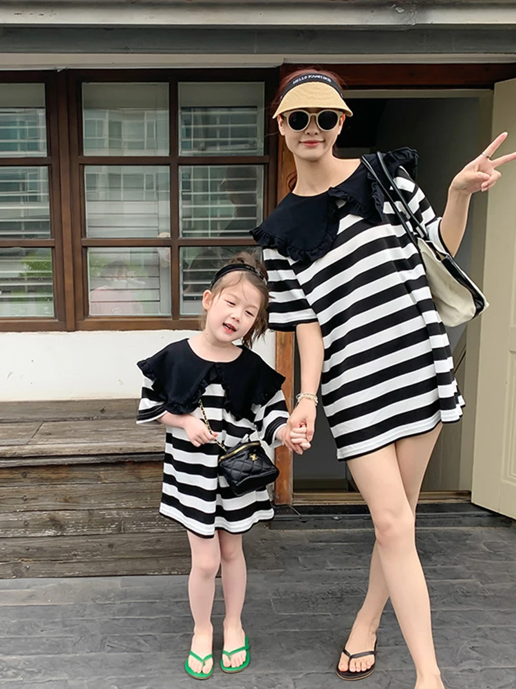 

Children's T-shirt Mother Striped Clothing Wear Korean Skirt Mommy4-6y Clothing Clothes Women's Version Girl Parent-child Of And