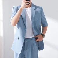 korean style mens set suit jacket and shorts solid thin short sleeve top matching bottoms summer fashion clothing man