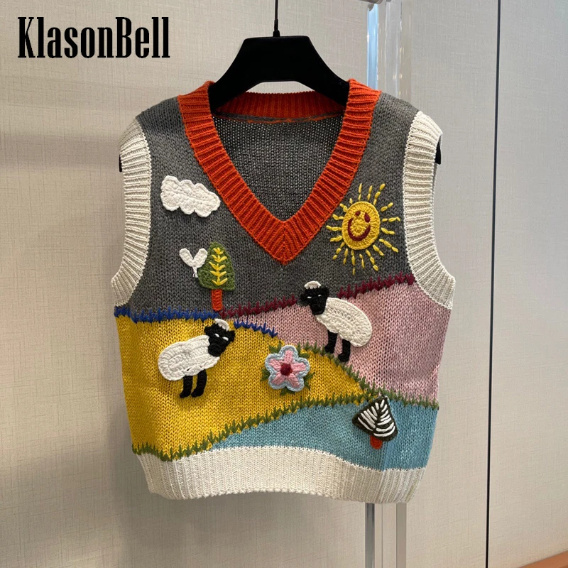 

10.28 KlasonBell Cartoon Crochet Design Contrast Color V-Neck Sleeveless Knitted Sweater Vest Women