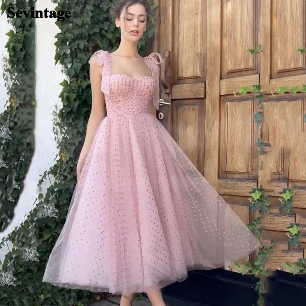 

Sevintage Pink Glitter Hearty Tulle Midi Prom Dresses Adjustable Straps Pleats Tea-Length Homecoming Dress Wedding Party Gowns