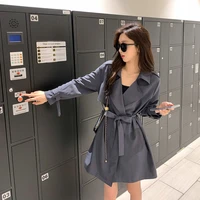 womens long windbreaker spring autumn new ladies cloak blue wear a belt satin fabric high end cotton lined trench coat female