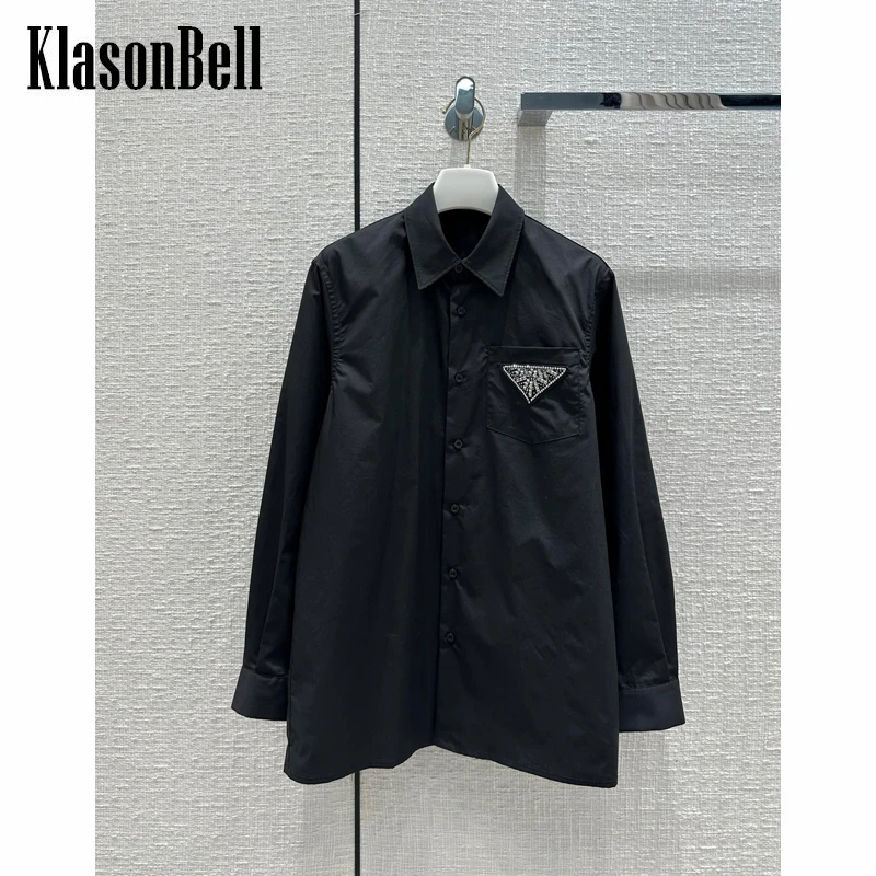 12.5 KlasonBell Fashion Rhinestone Rivet Letter Triangle Pocket Design Loose Comfortable Cotton Midi Shirt Women