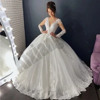 vintage wedding dresses appliques classic vestidos de novia ball full sleeve illusion o neck lace up woman luxury robe de mariee