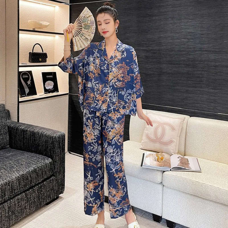 Pajamas Women's Summer New Ice Silk Short Sleeve Polo Collar Print Three Piece Set Fashion Large Homewear