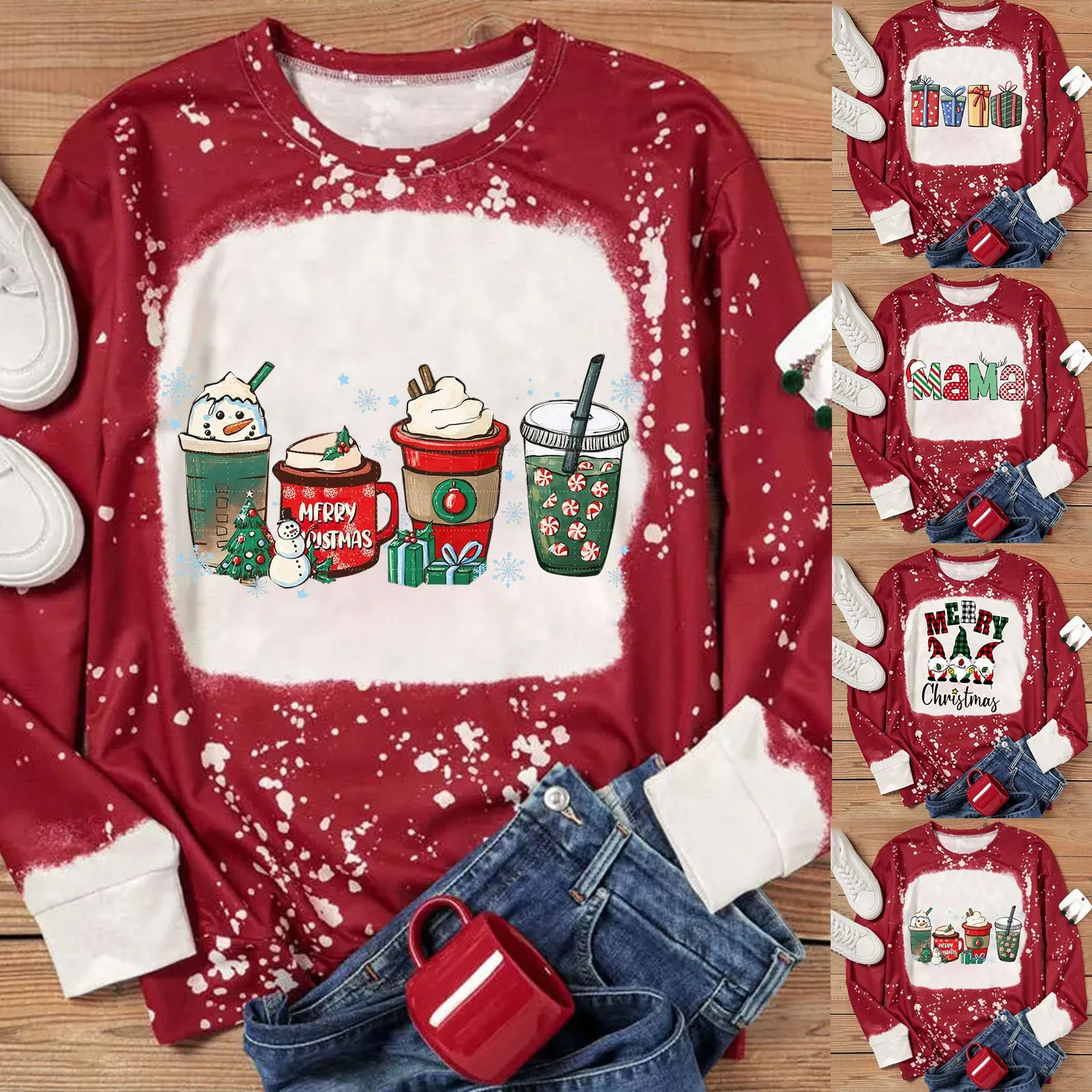 

Женские Рождественские толстовки с кофейной чашкой, свитшот, повседневные осенние женские простые толстовки, свитера-стрейч, женские вязан...