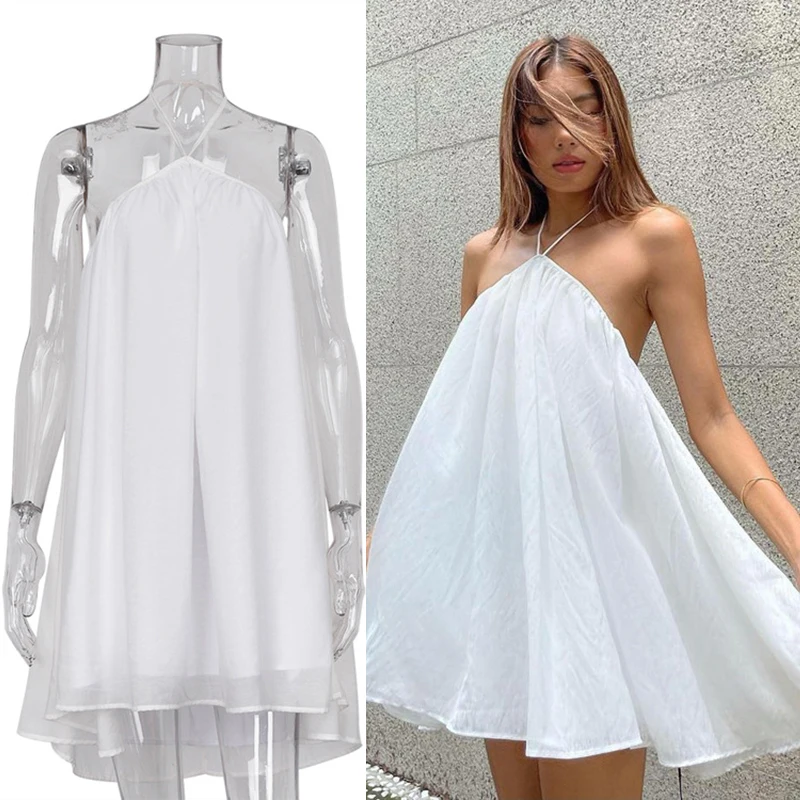 

Милое летнее пикантное свободное платье с открытой спиной, женское повседневное Белое Мини-Платье с лямкой на шее для пляжного отдыха, женс...