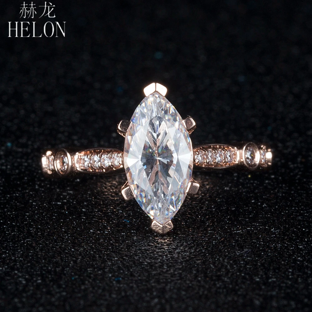 

HELON Women Jewelry Moissanite Ring Solid 10K Rose Gold Marquise 5x10mm Test Positive Moissanite Diamond Engagement Wedding Ring