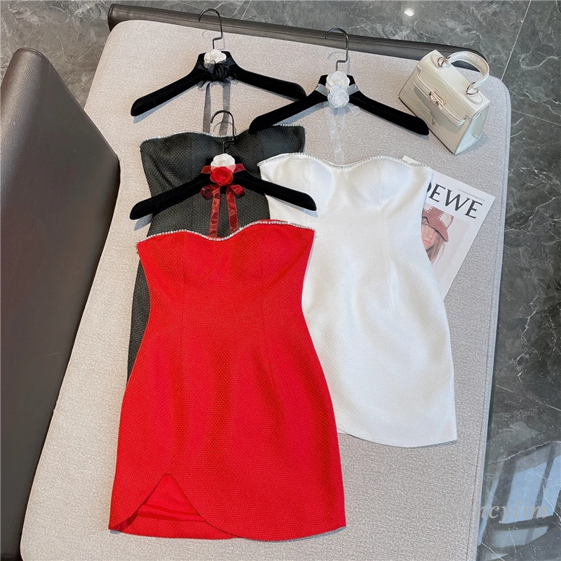 

2022 Summer Sexy Red Dress for Women New Rhinestone Edge Sweet Flowers Neck Ring Irregular Strapless Vestidos White Black