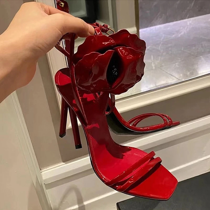 Red Floral Women's Sandals Square Toe Ankle Strap High Heels Stilettos Sexy Luxury Leather Slingback Ladies Summer Hollow Shoes