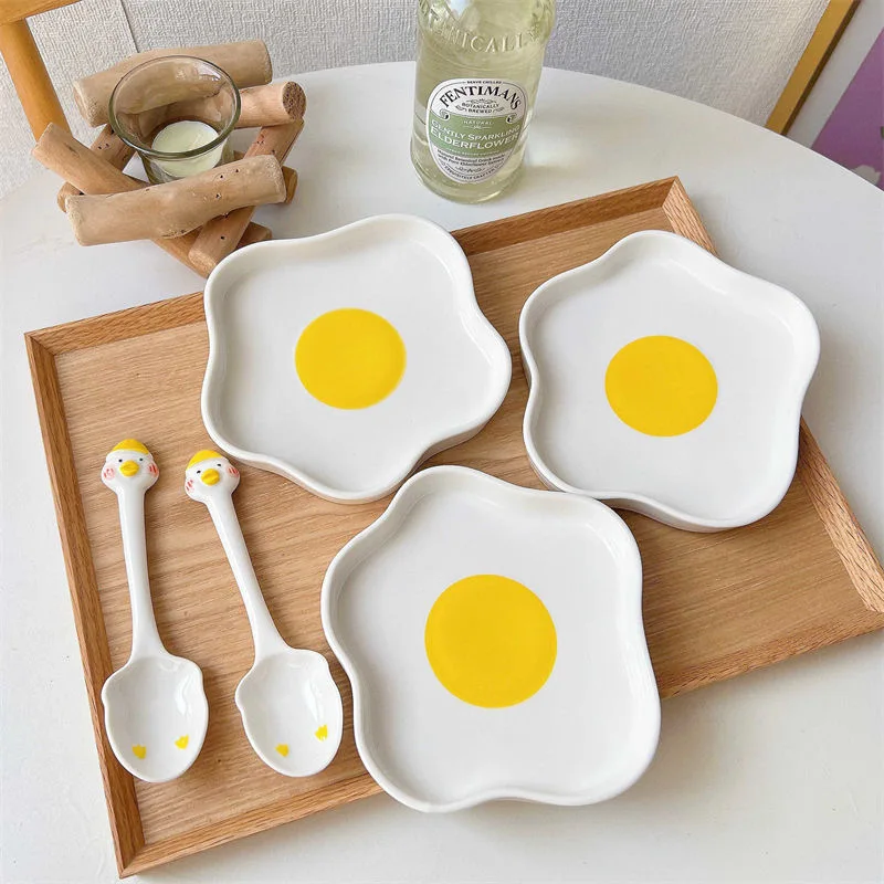 

Irregular Egg Ceramics Food Plate Cute Breakfast Cake Fruit Dessert Salad Decorative Dishes With Spoon Kitchen Tableware Gift