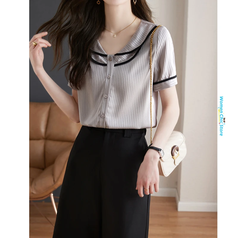 Женская приталенная блузка в полоску повседневная серая рубашка с коротким