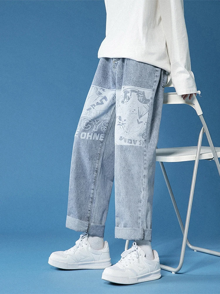 Jeans Men's Fashion Anime Print Trend Wild Loose Straight Wide Leg Pants Streetwear Men's High Street Clothing штаны мужские