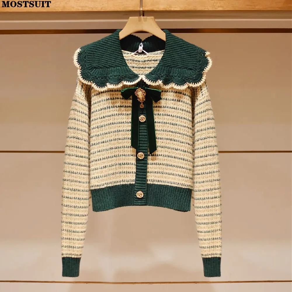 Винтажный элегантный полосатый свитер с галстуком-бабочкой пуловер женский