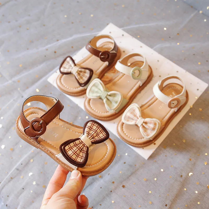 

صنادلChildren Summer Sandals New Girls Cute Bowtie Beach Shoes Kids Fashion Plaid Open Toe Princess Sandals сандалии для девочек