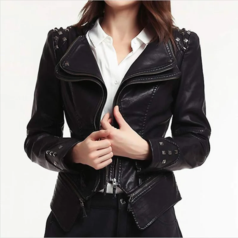 Women PU Leather Jacket Casual Gothic Punk Motorcycle Coat Slim Short Zipper Rivet Pocket Autumn Female Fashion Winter Outwear enlarge