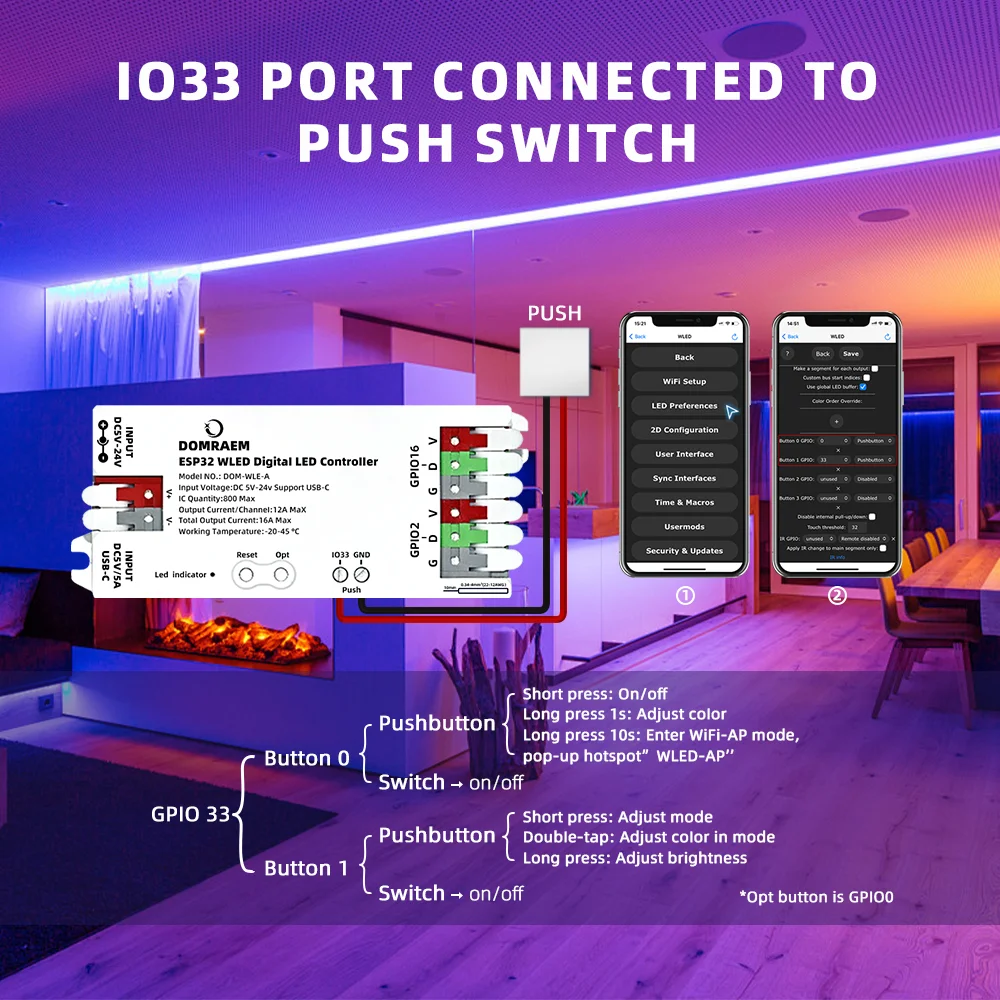 Адресный светодиодный контроллер DOMRAEM ESP32 WLED USB-C ~ 0,5 Вт в режиме ожидания для проектов DIY WS2811145, управление умным домом MQTT Alexa (art.: 3920ced673871) - 3920ced673871