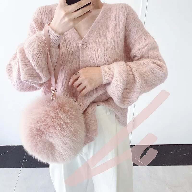 

Women Single Breasted Lantern Sleeve Elegant Vintage Jumper Solid Knitted Autumn Winter Tops Y2k Cardigan Sweet Cashmere Sweater