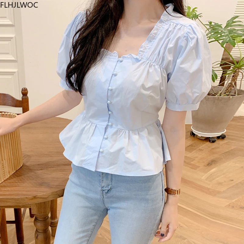 

Short Chic Tops Summer Puff Sleeve Slim Waist Peplum Lace-Up Bow Tie Ruffled Shirt Blouse Women Top Korean Japan Flhjlwoc Cute