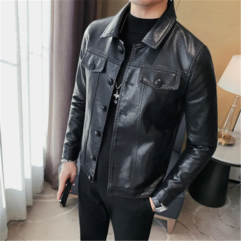 Men's Biker Jacket PU Leather Coat Turn-down Collar Motorcycle Jacket Man Button Desiger Male Clothing Winter Jaqueta Couro 2022