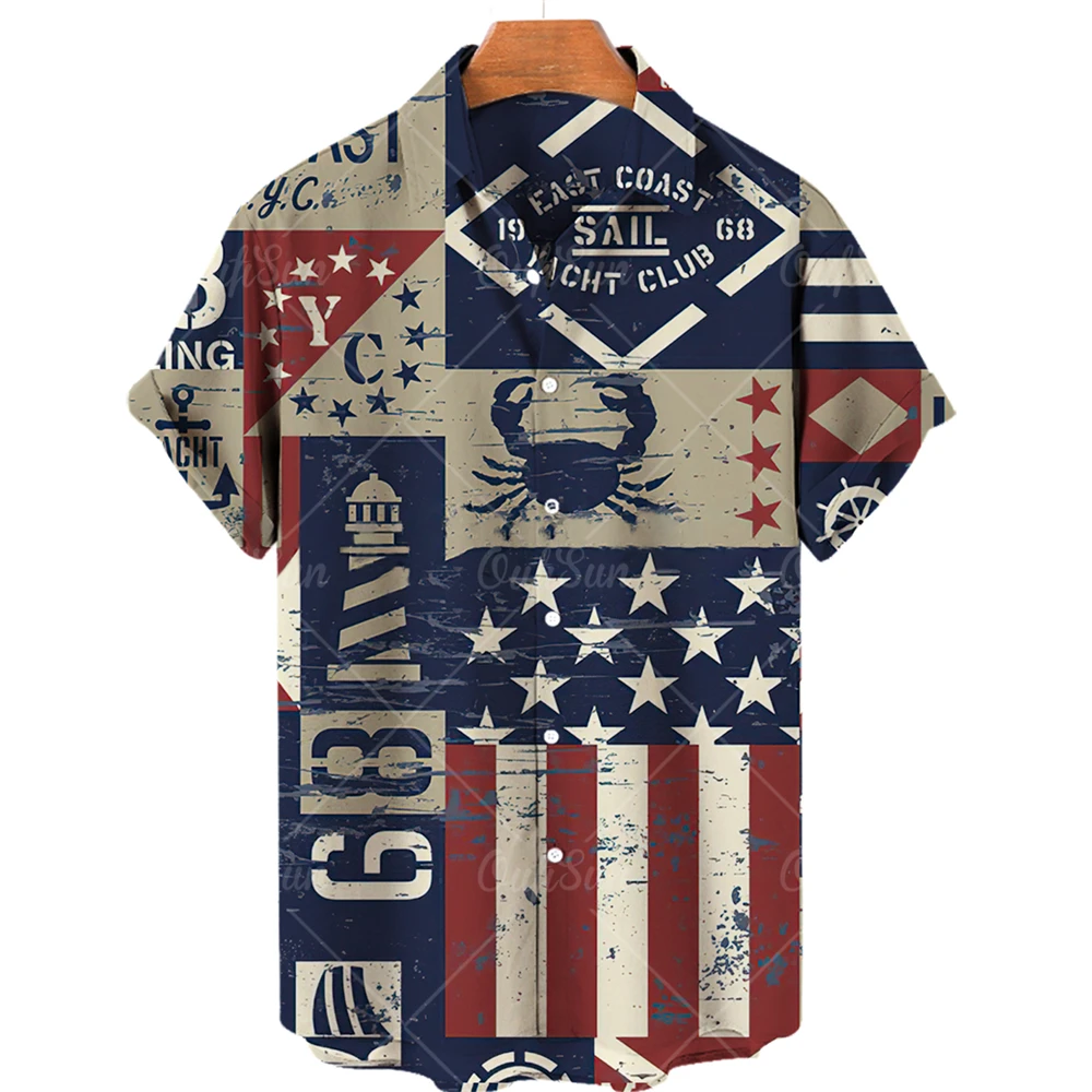 

2022 European and American trend shirts for men summer street short single button Hawaiian shirt Harajuku stitching lapel shirt