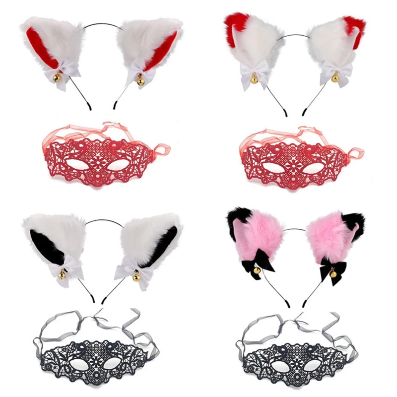 

L5YA Plush Cartoon Ears Shape Hair Hoop + Eye Mask Rave Carnival Party Headpiece Hair Band Cosplay Costume Props Unisex