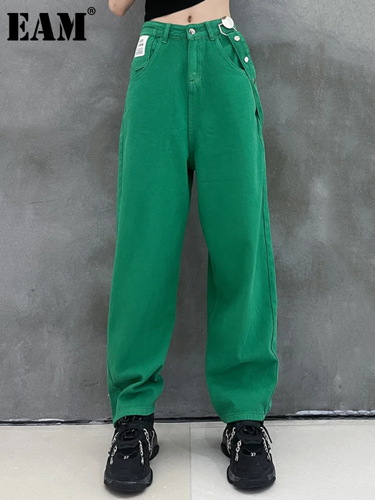 

[EAM] High Waist Green Denim Long Wide Leg Strap Trousers New Loose Fit Pants Women Fashion Tide Spring Summer 2022 1DD9956