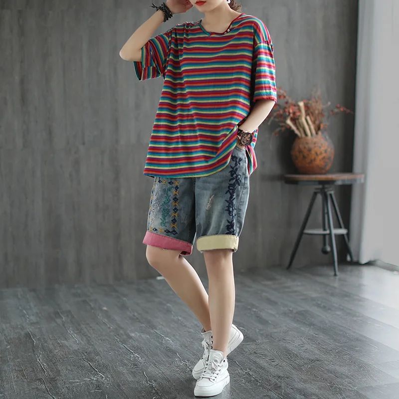 Women Summer 90s Fashion Casual Vintage Floral Embroidery High Waist Denim Shorts Ripped Female Chic Shorts Indie Style Bottoms