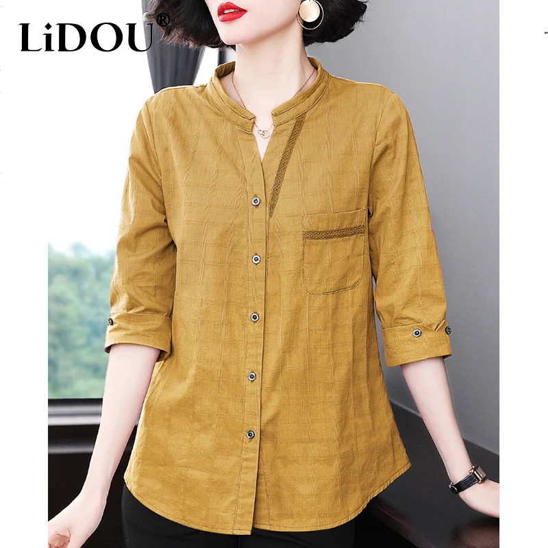 

Summer Autumn Solid Color Cotton Linen Casual Female Blouse Plaid 3/4 Sleeve Oversized Lady Shirt Fashion Simple Loose Top Women