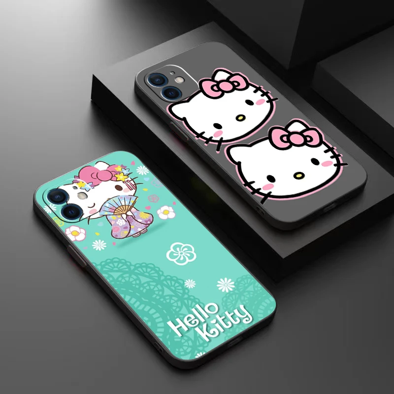 

Cartoon Hello Kitty Phone Case For Funda iPhone 13 12 11 Pro Max Mini X XR XS Max 6 6s 7 8 Plus Black Liquid Silicon Soft